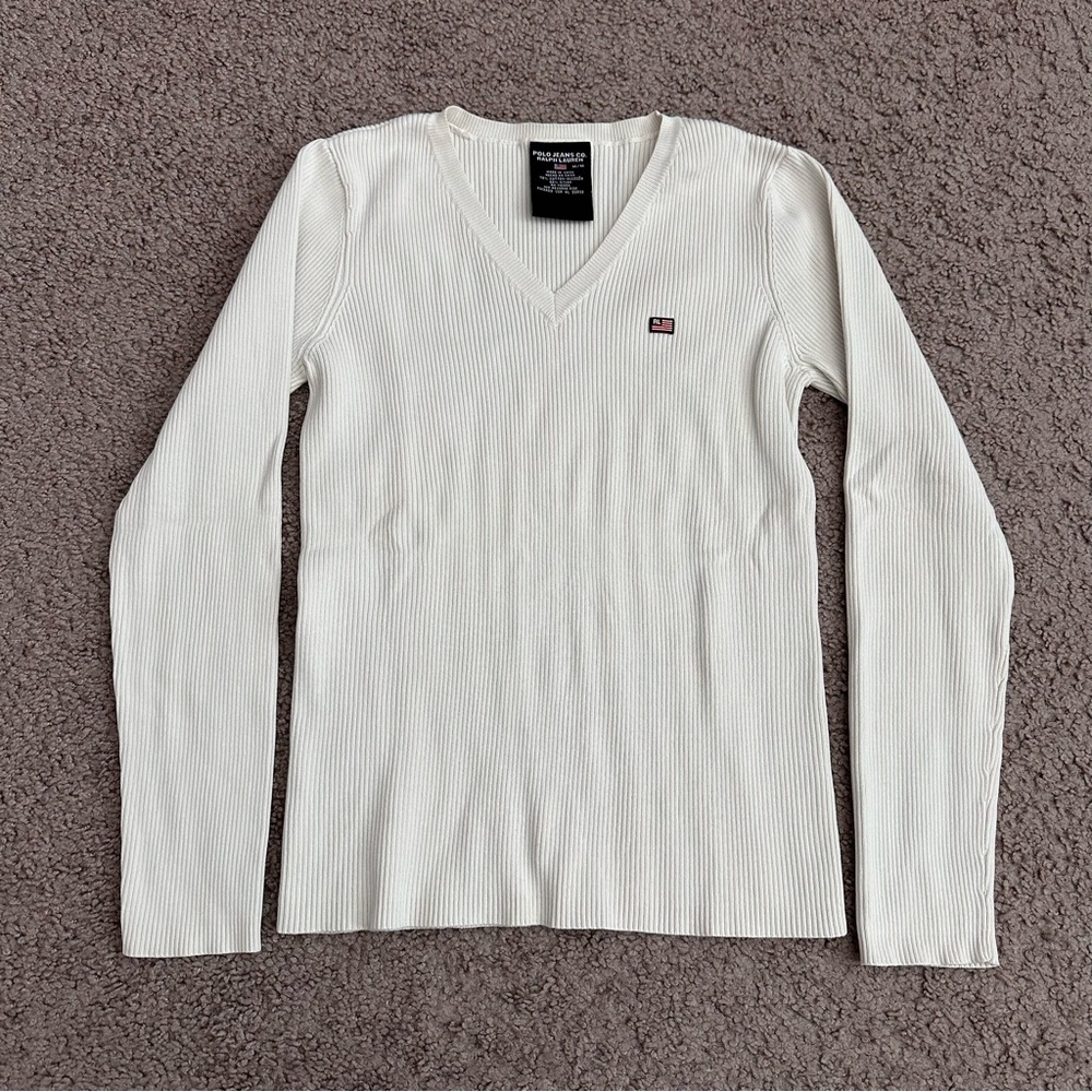 Polo Jeans Co. Ralph Lauren  V Neck Long Sleeve Ribbed Shirt Womens M